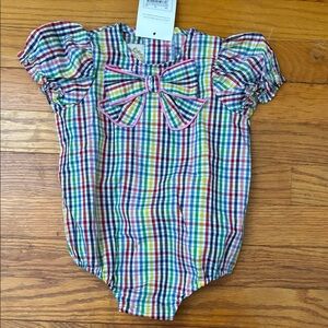 The Beaufort Bonnet Company Beatrice Bow Blouse Plaid Bodysuit Onesie